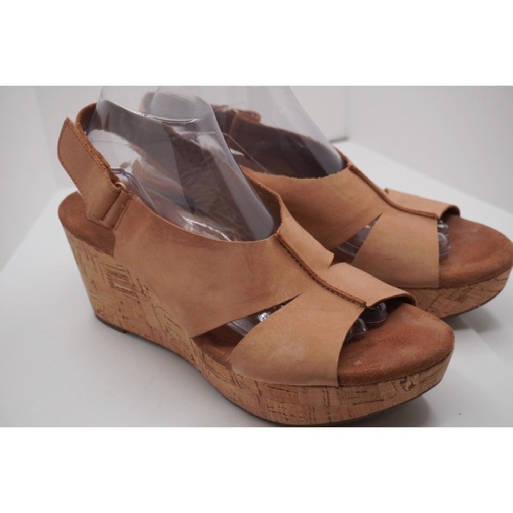 Clarks Tan Leather Cork Wedge Sandals Slingback Platform Shoes Vacation 11 34-06 - Picture 8 of 9